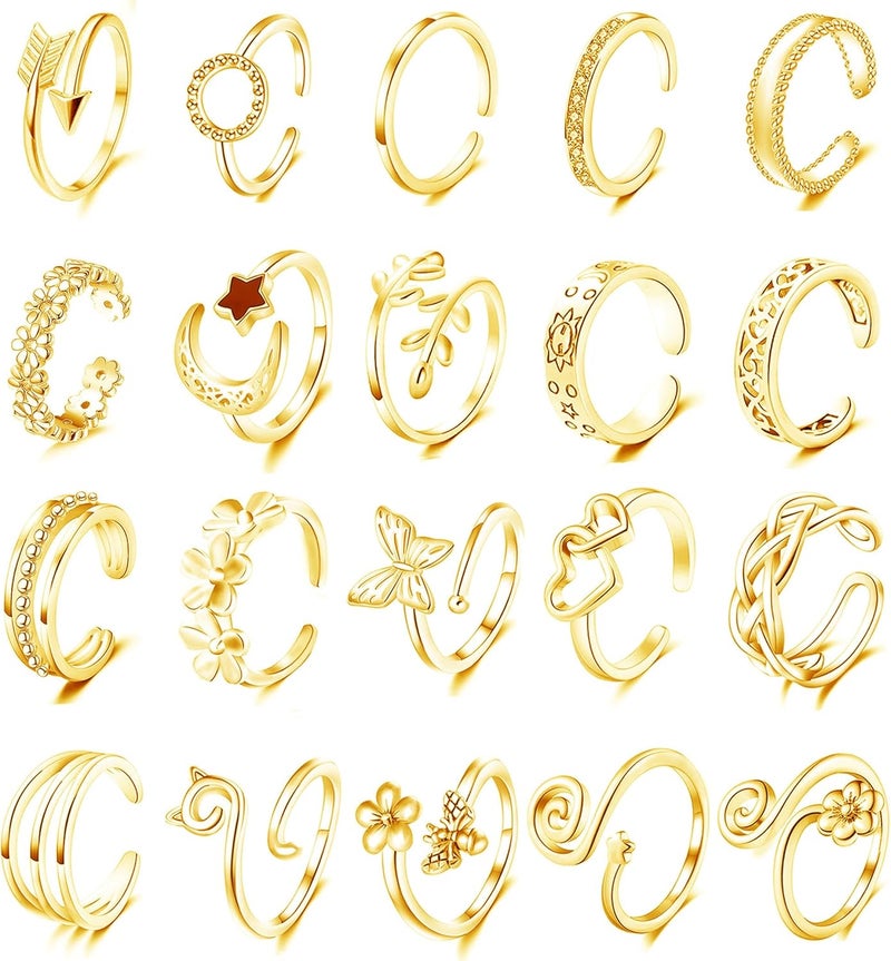 Staligue 20pcs Adjustable Toe Rings Set for Women Fingers Joint Tail Summer Beach Arrow Flower Open Rings Foot Jewelry - Image 1